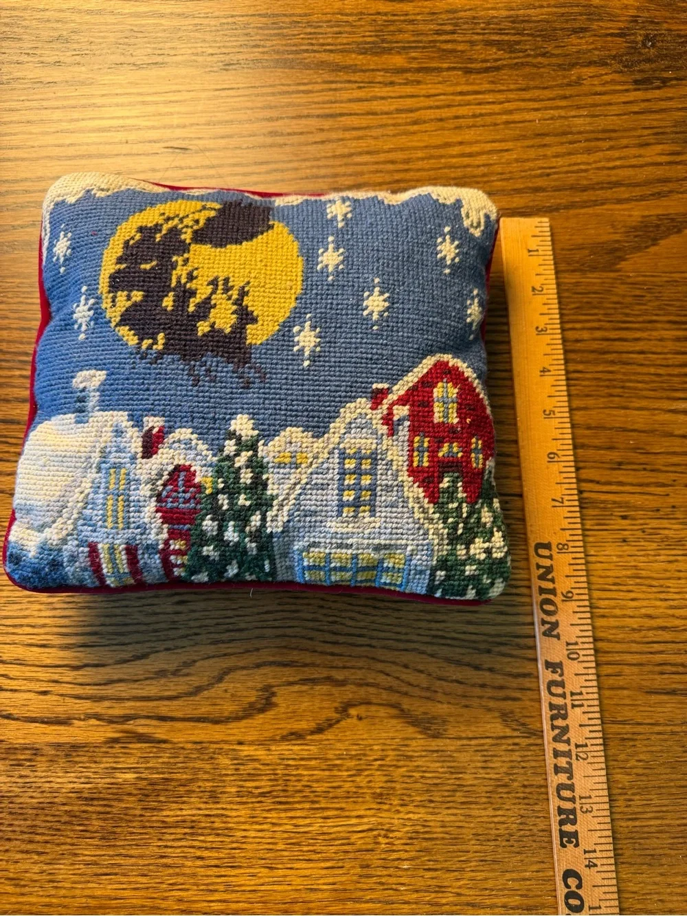Vintage Christmas Needlepoint Pillow Snow Village Moon Velvet Back 10”
